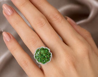 Color-Changing Sultanite Cluster Cocktail  Ring, 925 Sterling Silver Statement Ring, Turkish Jewelry
