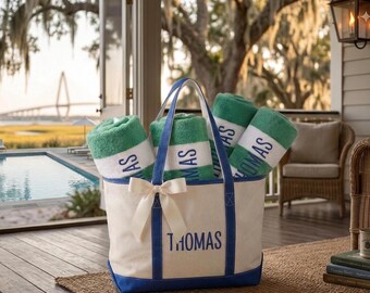 Housewarming Monogrammed Beach Towel Gift Set – Personalized Embroidered Towels | Housewarming Gift