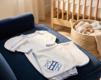 Personalized Baby Bed Set – Embroidered Newborn Keepsake - Gingham Trim