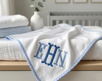 Personalized Baby Blanket – Embroidered Baby Shower Gift – Gingham Trim