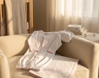 Personalized Baby Bed Set – Embroidered Newborn Keepsake - Picot Trim