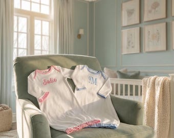 Personalized Baby Gown – Embroidered Newborn Keepsake - Gingham Trim