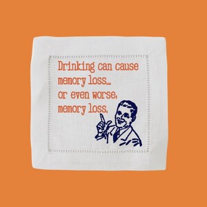 Memory Loss Linen Cocktail Napkins | Set of 4 | Custom Embroidered | FUNNY | &quot;Memory Loss&quot;