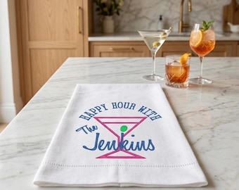 Custom Embroidered Happy Hour Tea Towel – Personalized Kitchen Gift & Hostess Towel