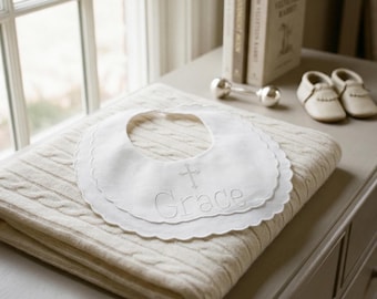 Personalized White Linen Baby Bib – Christening & Baptism Gift | Embroidered Sunday Bib