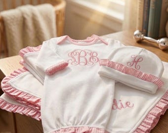 Personalized Baby Bed Set – Embroidered Newborn Keepsake - Gingham Trim