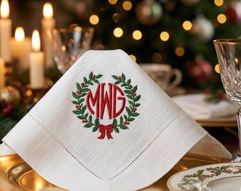 Embroidered Linen Holiday Dinner Napkins Set – Seasonal Table Linens & Hostess Gift