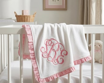 Personalized Baby Blanket – Embroidered Baby Shower Gift – Gingham Trim