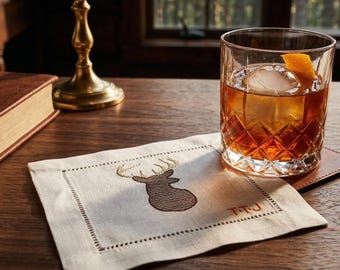 Sportsman Embroidered Linen Cocktail Napkins | Set of 4 | Custom Embroidered | Sports | "Sportsman"