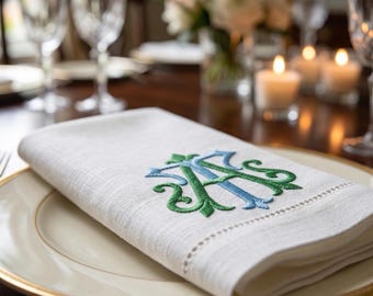 Custom Embroidered Linen Dinner Napkins Set – Personalized Table Linens & Hostess Gift