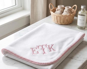 Personalized Baby Blanket – Embroidered Baby Shower Gift – Picot Trim