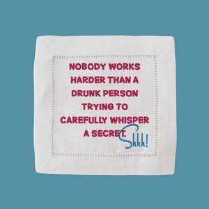Drunk Linen Cocktail Napkins | Set of 4 | Custom Embroidered | FUNNY | &quot;Whisper&quot;