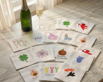 Embroidered Linen Holiday Cocktail Napkins Set of 4 – Seasonal Hostess Gift