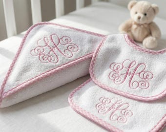 Personalized Baby Bath Gift Set – Hooded Towel, Bib & Burp Cloth