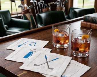 Embroidered Linen Golf Cocktail Napkins Set of 4 – Hostess Gift for Golf Lovers
