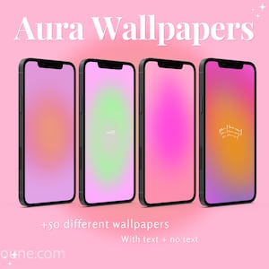 Puede incluir: Cuatro maquetas de iPhone que muestran diferentes fondos degradados. Las maquetas están dispuestas en una fila sobre un fondo rosa. El texto "Aura Wallpapers" está en la parte superior de la imagen. El texto "+50 fondos de pantalla diferentes" está debajo de las maquetas. El texto "Con texto + sin texto" está debajo del texto "+50 fondos de pantalla diferentes". El texto "TheLoune.com" está en la parte inferior de la imagen.