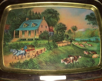 Currier Ives 1868 American Homestead Summer Scene Bandeja metálica de 14.5" Carro de ganado