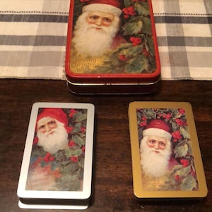 Vintage 1986 Two Decks Of Standard Santa Claus Playing Cards In Christmas Theme tin