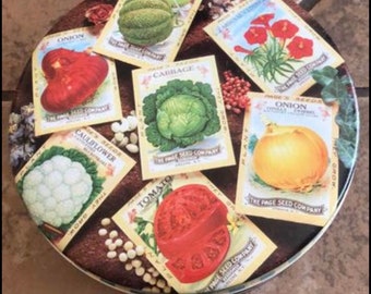 vintage tin w/ reproduction antique seed packets artwork print, seed storage box