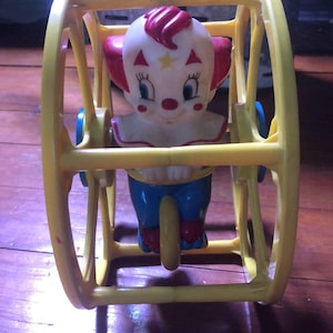 Vintage 1970&#39;s Bozo the Clown on Unicycle in Rolling Wheel Toy LHPC