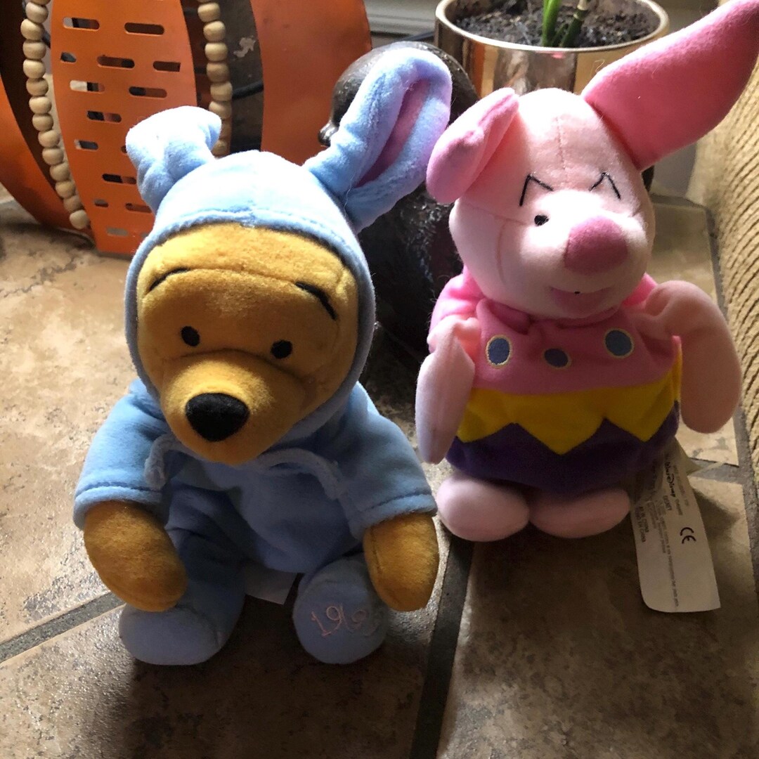 Vintage Easter Bunny Pooh and Easter Egg Piglet Beanies Set of 2