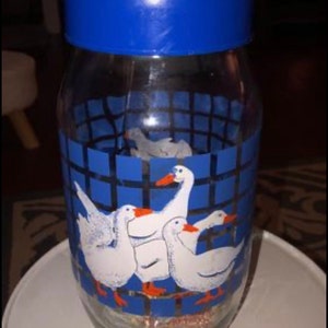 Carlton Glass Geese Clear Jar Blue Lid 2L Canister Goose Country Storage 1980&#39;s