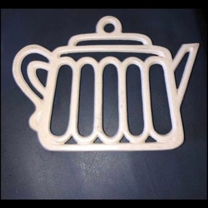 Vintage White Teapot Tea Kettle Trivet Metal Wall Hanger Decor