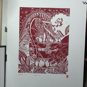 original linocut, limited, "the vase"