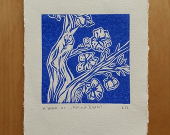 original linocut, limited, DIN A5, "branch with flowers"