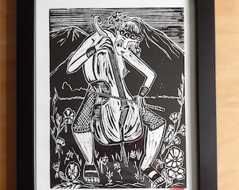 original linocut, limited,"Cello"