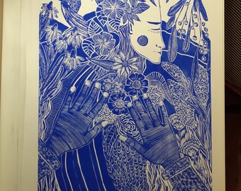 original linocut, limited, "In the middle"