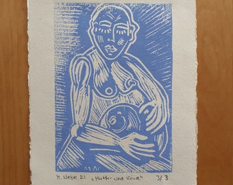 original linocut, limited edition, DIN A5, "Mother and Child"