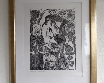 original linocut, limited, "heart palpitations"