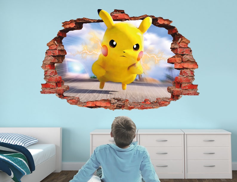 Pika Wall Decal Pokemon Brick Wall Sticker 3D Smashed Etsy