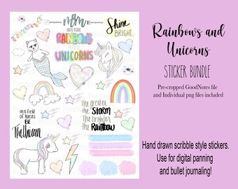 May include: A digital sticker bundle featuring rainbows, unicorns, and other whimsical illustrations. The bundle includes pre-cropped GoodNotes files and individual PNG files. The text "Rainbows and Unicorns" and "Sticker Bundle" is featured in the image.