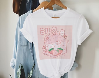Kawaii Strawberry Milk and Bunny Tee / Kawaii Aesthetic Shirt / Strawberry Milk Shirt