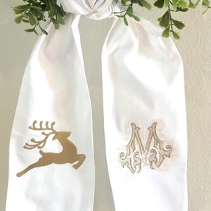 Embroidered Christmas Wreath Sash: Reindeer & Monogrammed Initial