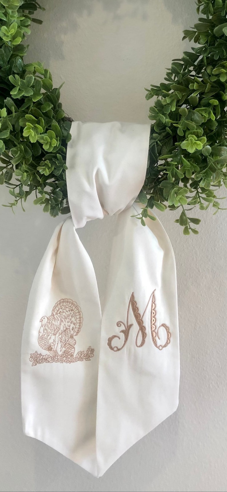 Ivory wreath sash with embroidered turkey and single monogram initial. ***FREE SHIPPING***