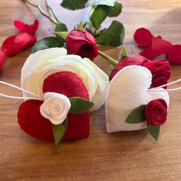 Felt Heart Ornaments, Valentine’s Ornaments, Valentine’s Day Decor, Red and White Hearts, Red and White Heart Ornaments