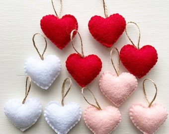 Felt Heart Ornaments, Valentine's Day Decor, Set of 10