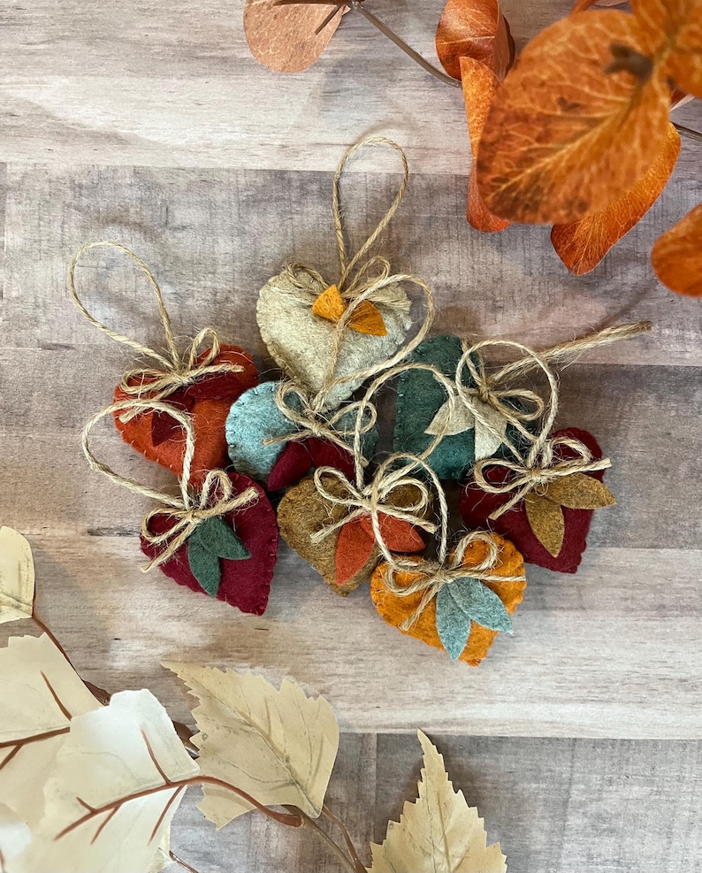 K&ouml;nnte beinhalten: Eine Sammlung von herzf&ouml;rmigen Filzanh&auml;ngern in verschiedenen Herbstfarben wie Dunkelrot, gebranntem Orange, Senfgelb und gedecktem Blaugr&uuml;n. Jedes Herz ist mit einer kleinen Juteschleife und zwei Filzbl&auml;ttern an einer Schnur zum Aufh&auml;ngen versehen.