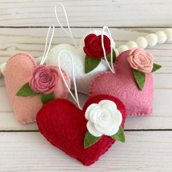 Set of 4 Valentine’s Ornaments, Felt Heart Ornaments, Valentine’s Day Decor, Valentine’s Gift, Valentine’s Tree Ornaments