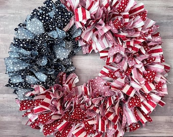 18 inch Patriotic Rag Wreath, 4th of July Decor