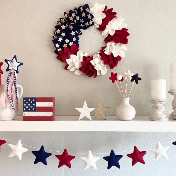 Guirnalda de estrellas de fieltro, decoración patriótica para el 4 de julio