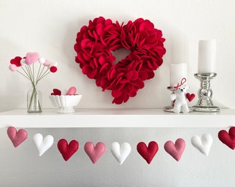 Felt Valentine’s Heart Garland, Heart Garland, Felt Garland, Valentine’s Day Decor, Felt Hearts, Garland for Mantel