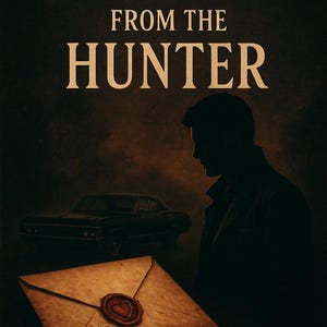 Könnte beinhalten: Digitales Kunstwerk mit dem Text "A Love Letter From The Hunter". Das Bild zeigt eine Silhouette einer Person, ein klassisches Auto und einen versiegelten Umschlag mit einem herzförmigen Wachssiegel, alles in einem dunklen Stil.