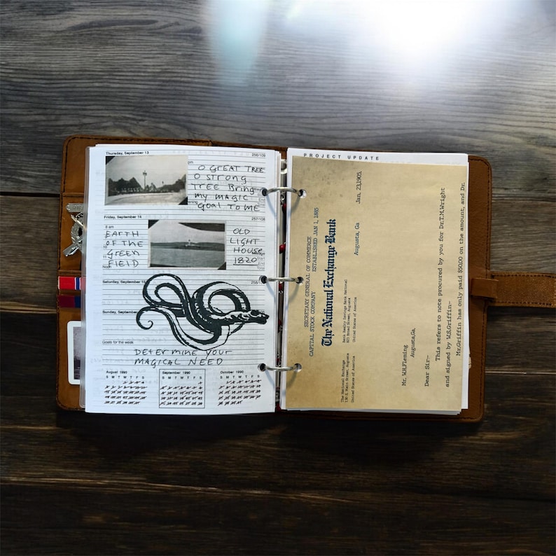 May include: Open leather journal with handwritten notes and sketches. The journal includes a drawing of a snake, calendar pages, and text that reads "O great tree bring my magic goal to me." A vintage bank document is also visible.