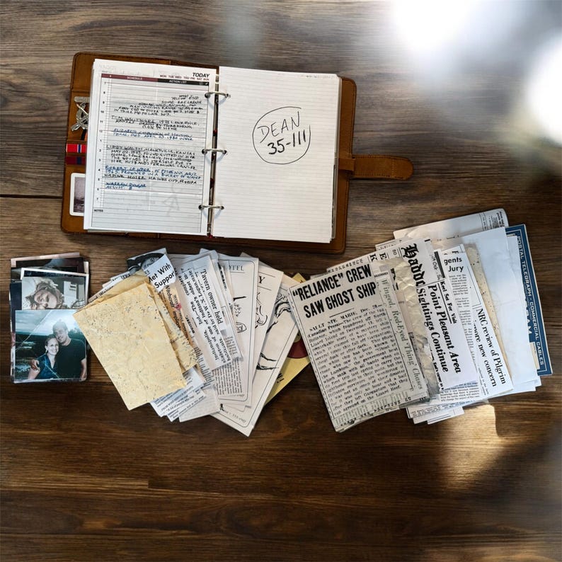 May include: A brown leather planner with open pages, a collection of old newspaper clippings, and photographs are arranged on a wooden surface. The planner's page is labeled "DEAN 35-111". The newspaper headlines include "RELIANCE CREW SAW GHOST SHIP".