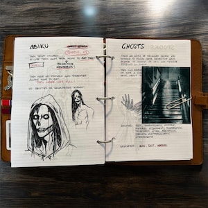 May include: Open notebook with handwritten notes and sketches. The left page details "Abiku" with a drawing of a hooded figure. The right page discusses "Ghosts" with a photo of a staircase and a drawing of a hand.