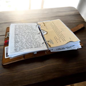 May include: A brown leather binder with metal rings, open to reveal handwritten notes and documents. The binder is on a wooden surface. Some pages are aged and torn, suggesting a vintage or antique theme. A small red, white, and blue ribbon is visible.